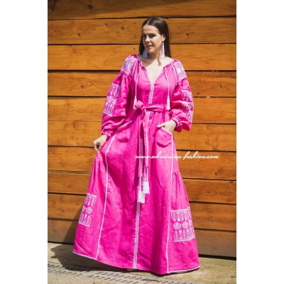 Boho Style Embroidered Long Dress Pink with White Embroidery